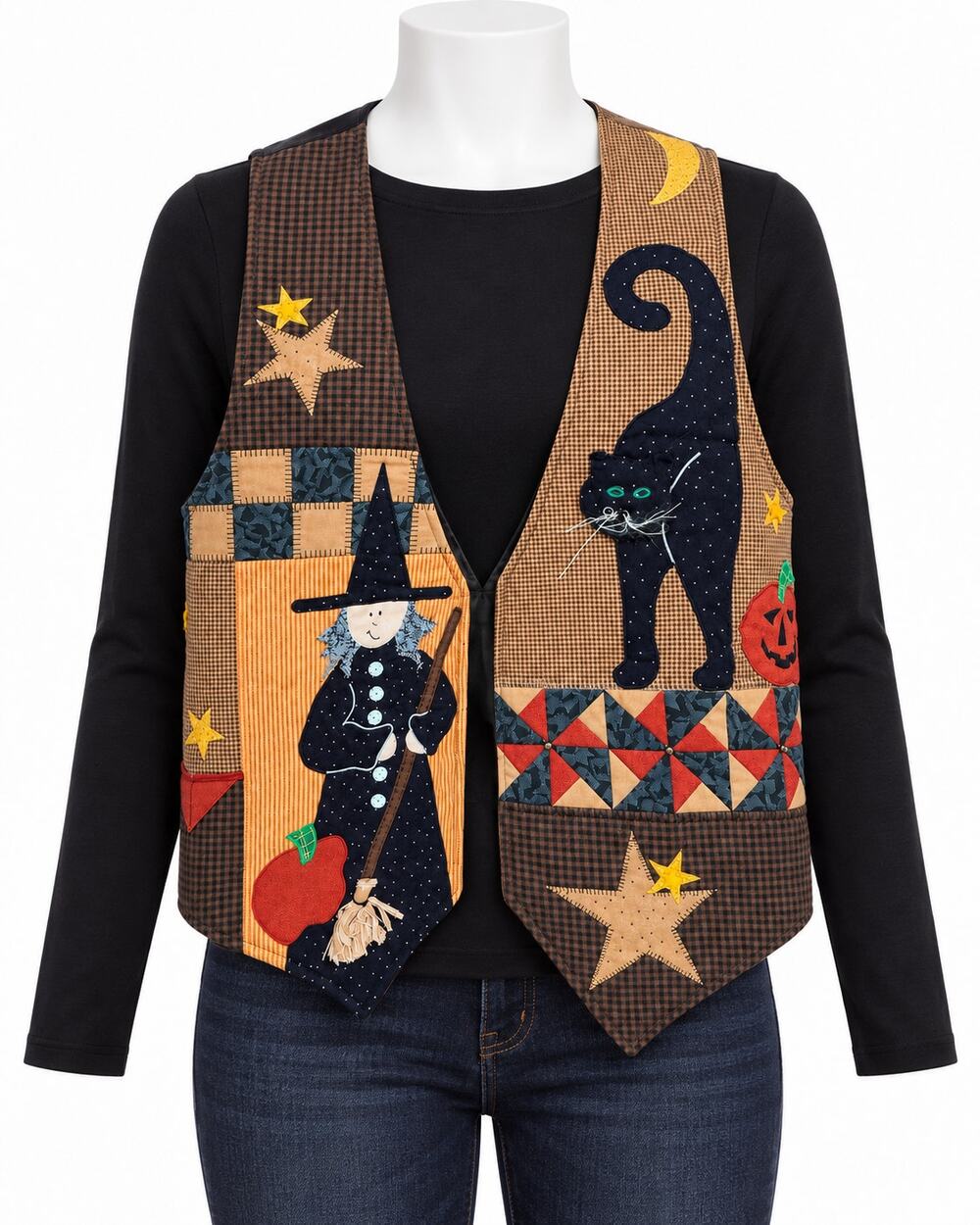 Halloween Witch Black Cat Vest Patchwork Pumpkin Moon Stars Womens Est M